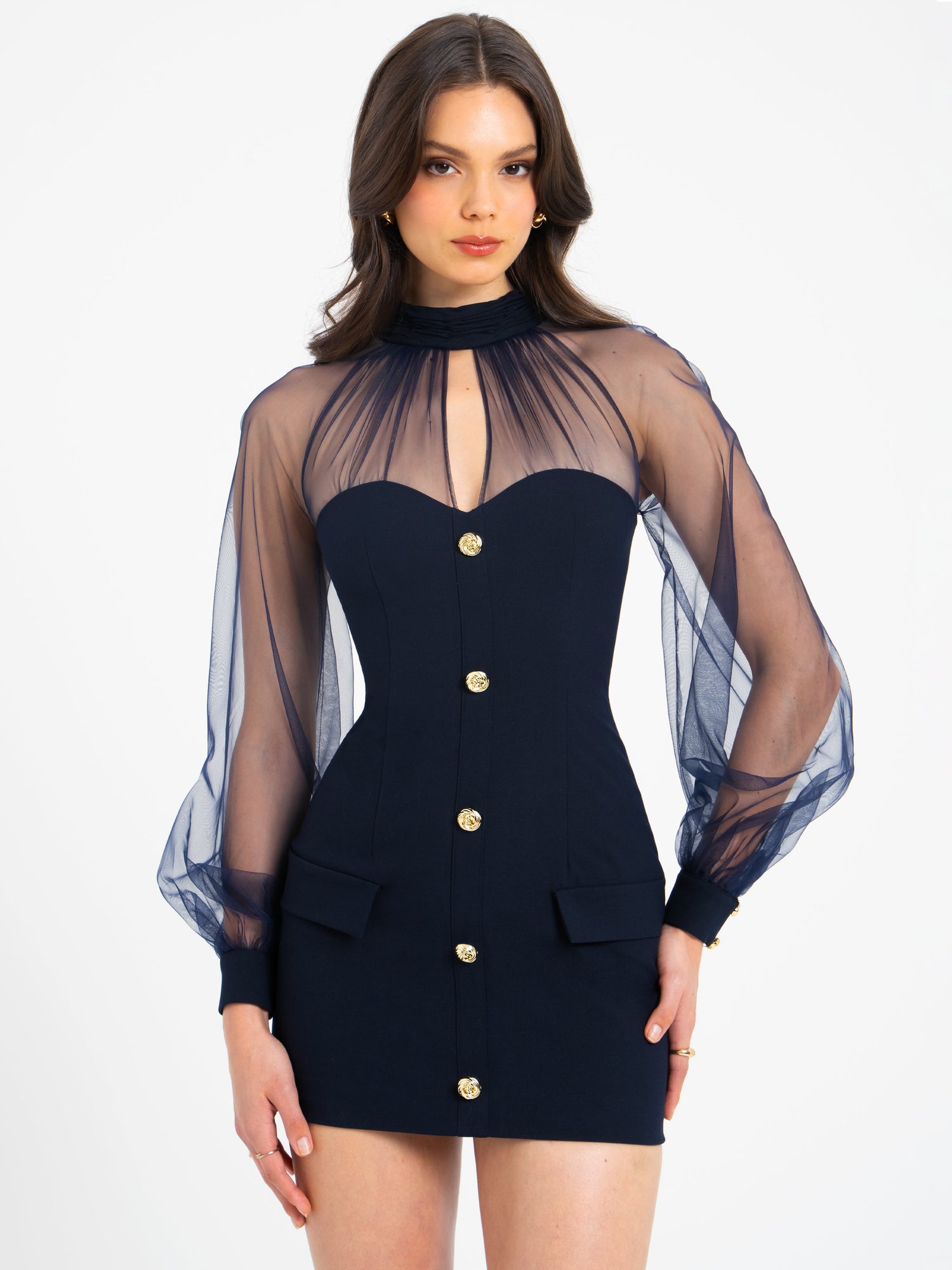 Tabitha Mesh Lantern Sleeve Mini Dress | Navy Blue