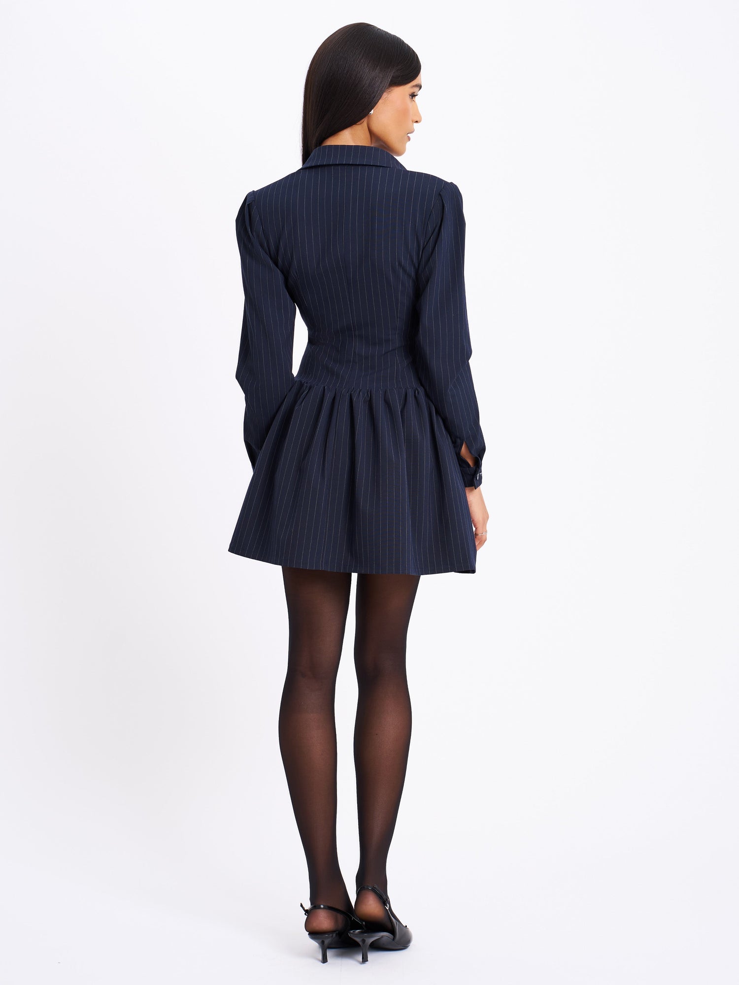 Xabrina Pinstripe Long Sleeve Shirt Mini Dress | Navy Blue