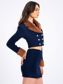 Wava Double Breast Fur Trim Cropped Boucle Wool Jacket | Navy Blue