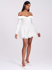 Kira Bead Embroidered Mesh Off Shoulder Long Sleeve Mini Dress | White