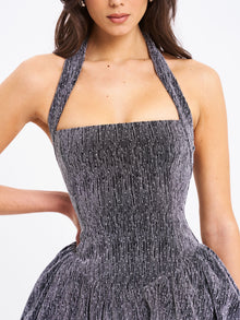 Naomie Crystal Embellished Bubble Hem Halter Mini Dress | Silver/Grey