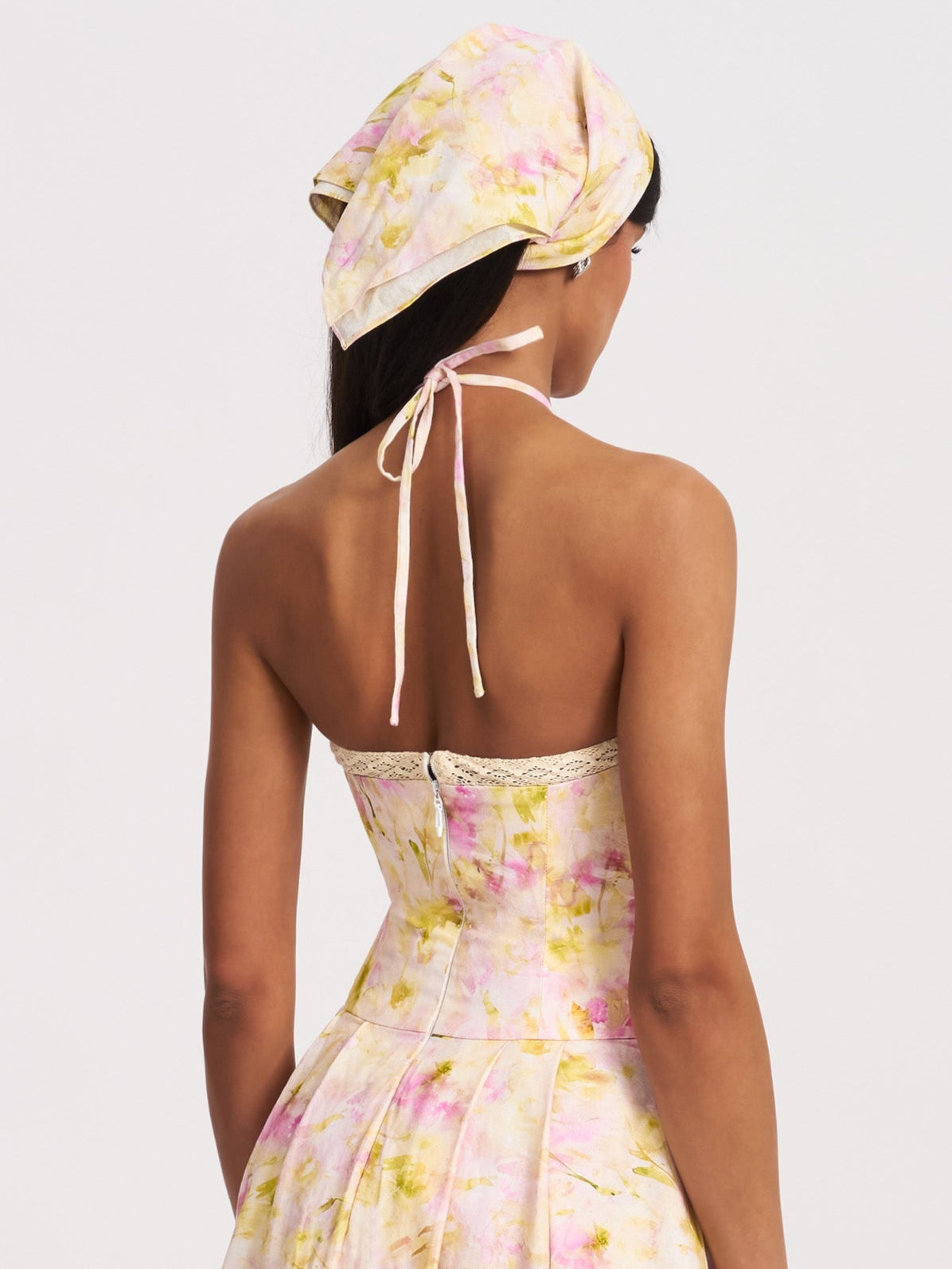 Zaina Floral Print Lace Trim Linen Midi Dress | Yellow and Pink