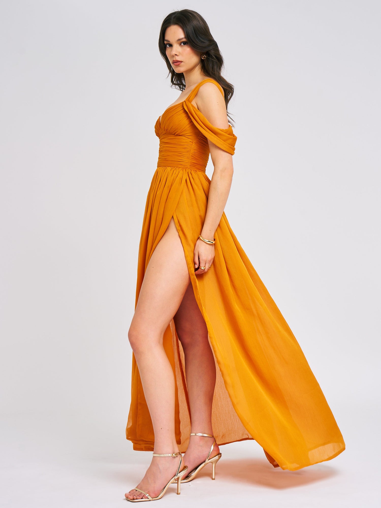 Jelani Layered Mesh High-Slit Drape Maxi Dress | Vibrant Orange