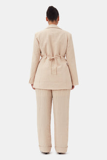Beige Textured Suiting Mid Waist Trousers | Oyster Gray