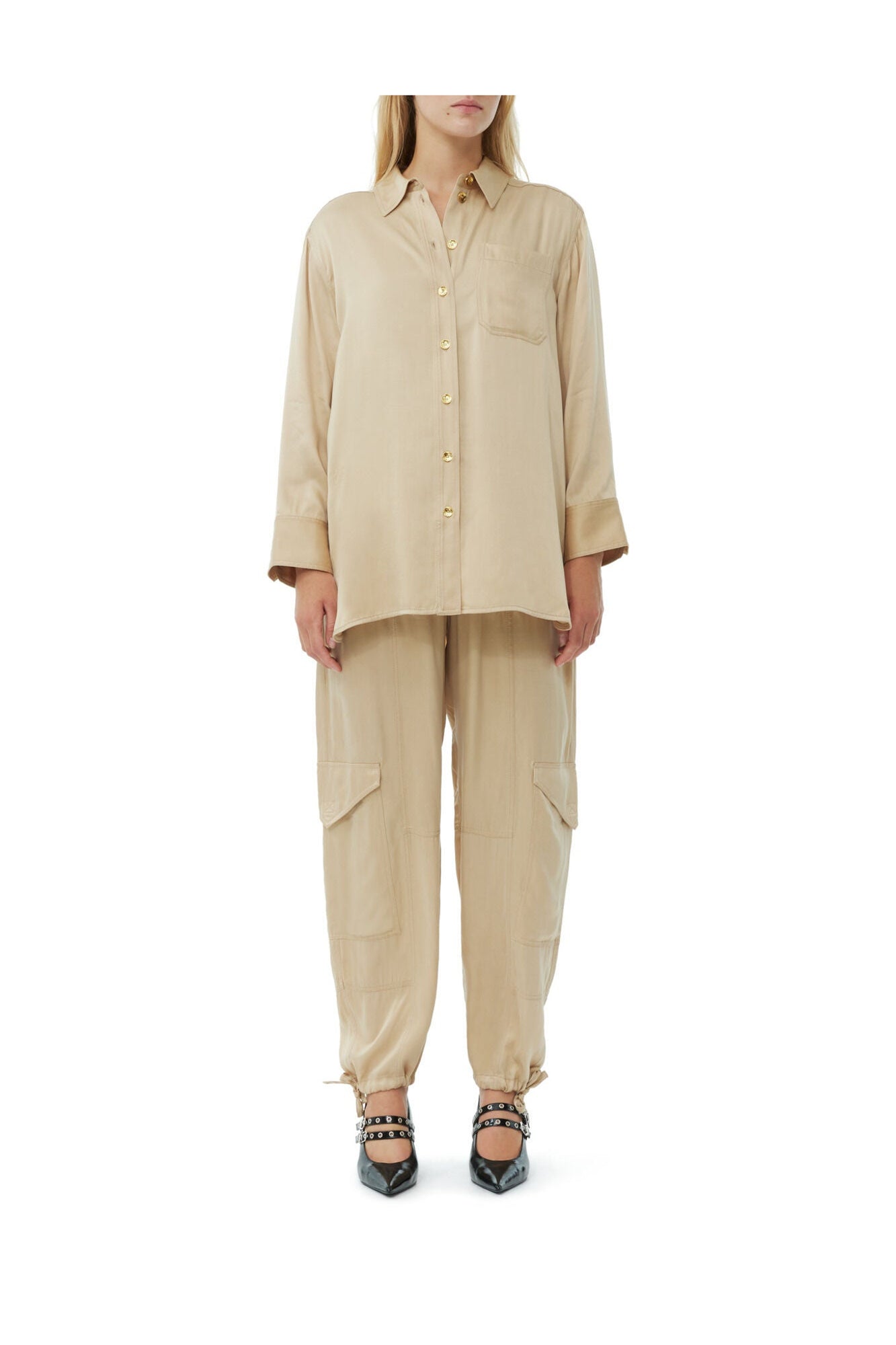 Beige Washed Satin Shirt | Safari