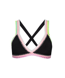 Black bikini top with colorful trim on a white background