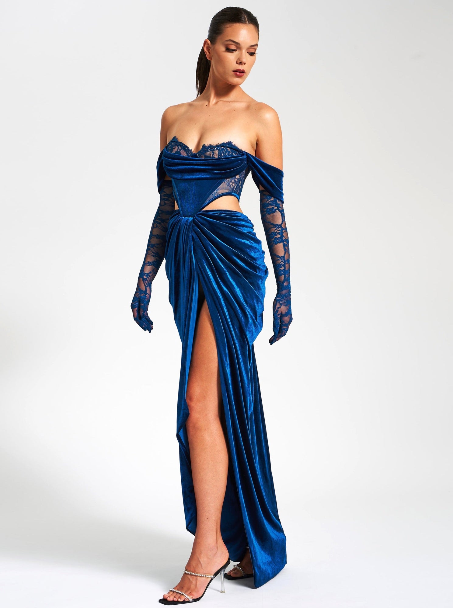 Quintessa Lace Velvet Corset Off Shoulder Gown | Teal
