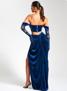 Quintessa Lace Velvet Corset Off Shoulder Gown | Teal