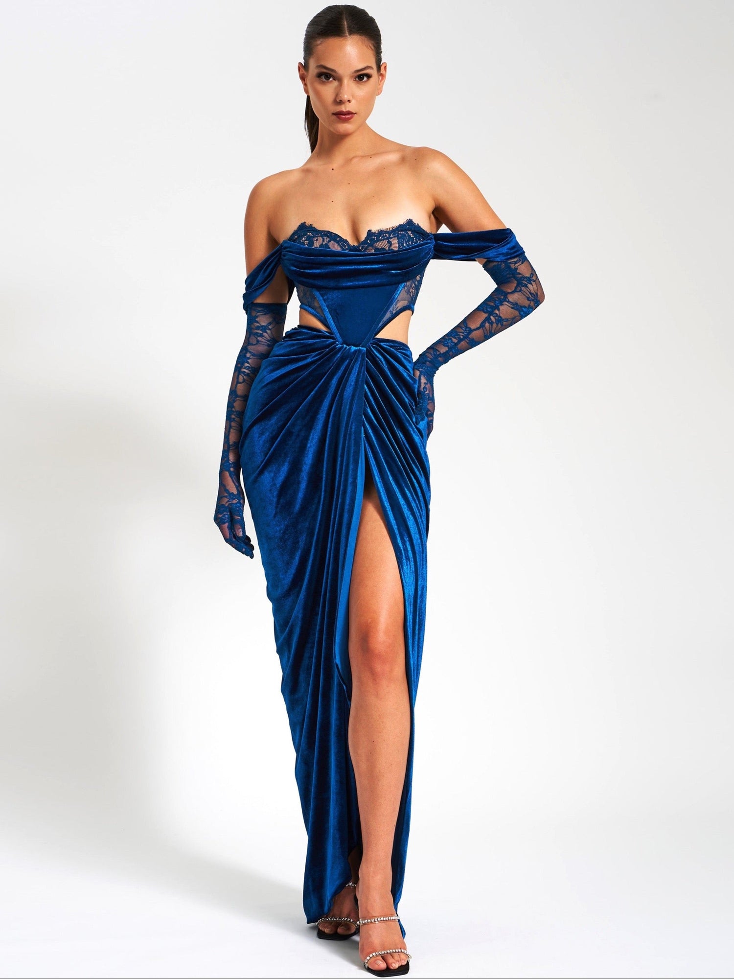 Quintessa Lace Velvet Corset Off Shoulder Gown | Teal