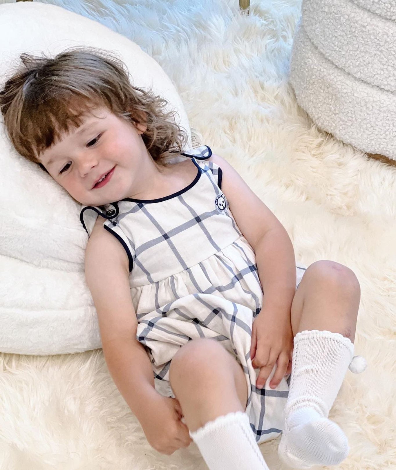 Boy | Checkered Linen Baby Boy Romper | White x Navy
