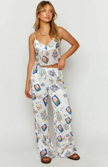 Bridget Satin Italia Print Pants | White