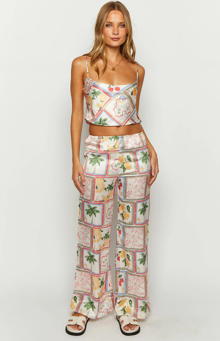 Bridget Satin Roma Print Pants | White
