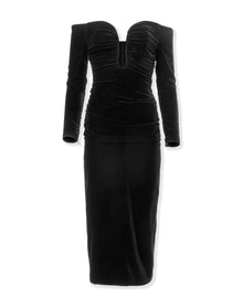 Long Sleeve Deep U-Neck Ruched Midi Dress | Black