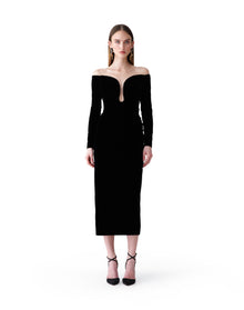 Long Sleeve Deep U-Neck Ruched Midi Dress | Black