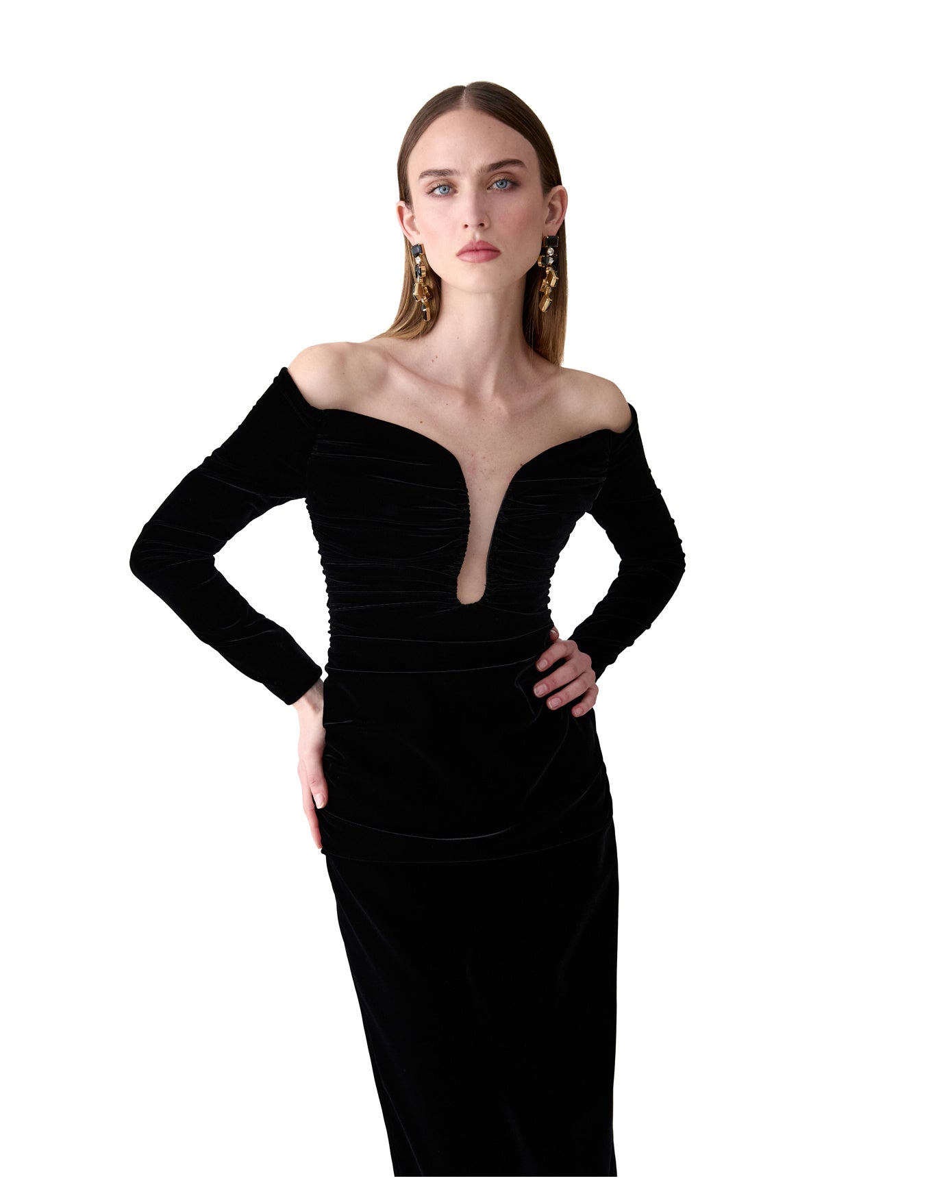 Long Sleeve Deep U-Neck Ruched Midi Dress | Black