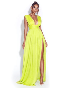 Valley Of Angels Chiffon Pleated High Slit Maxi Dress | Lime