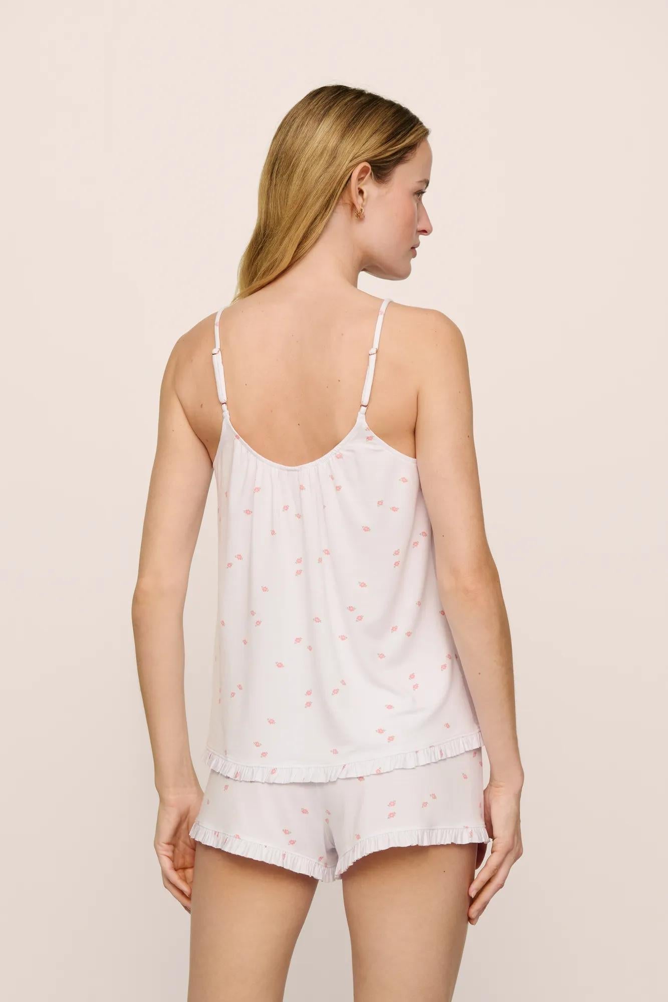 Model is wearing Gisele TENCEL Printed Modal Ruffle Cami & Shortie Short Set in SummerDaisyWhite
