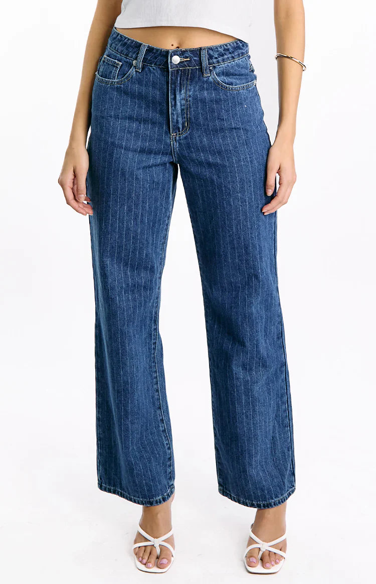 Calliope Pinstripe Mid Rise Slouchy Jeans | Mid Wash
