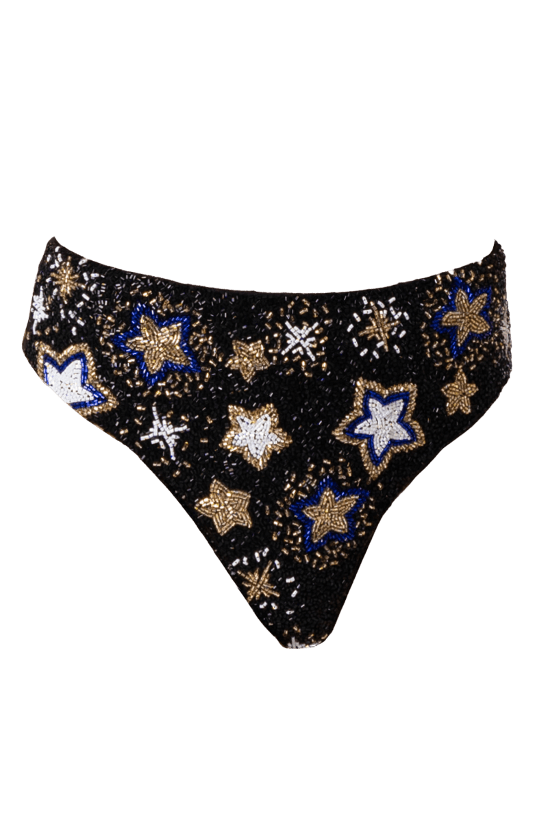 Celeste Hand - Beaded Embellished High - Waisted Bikini Bottom - Black - Self - Adore