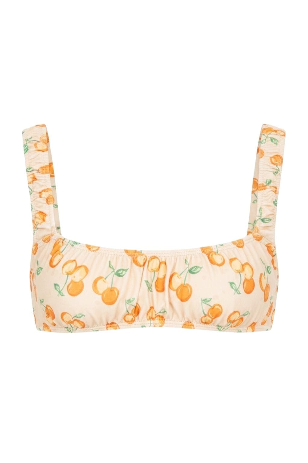 Cream bikini top with orange and cherry print, square neckline, and adjustable shoulder straps.