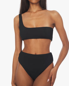 One Shoulder Spongie Seersucker Bikini Top | Black