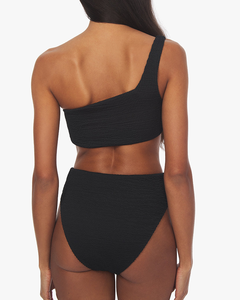 One Shoulder Spongie Seersucker Bikini Top | Black