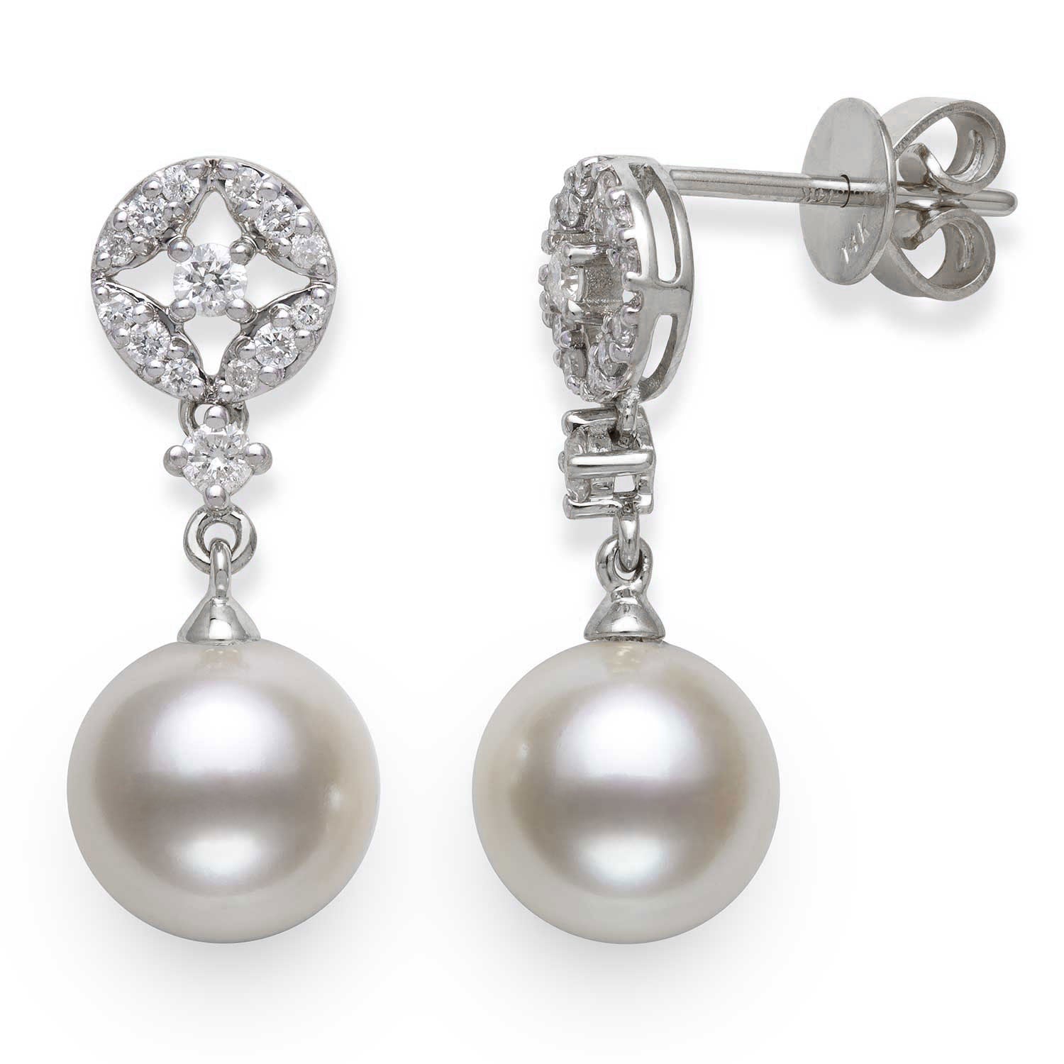 Round Drop Earrings | 14K White Gold | 0.25 Carat Lab Grown Diamond/White Akoya Pearl | 8mm - 9mm | H-I-I2-I3