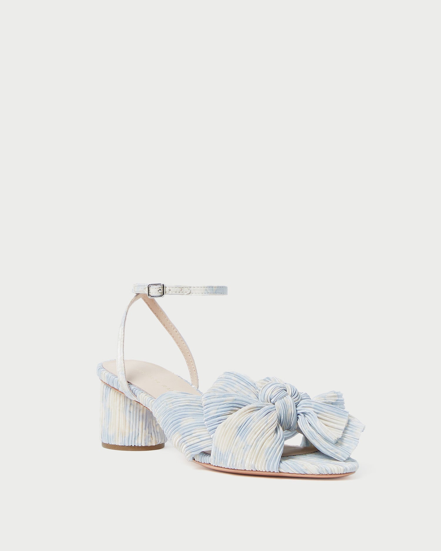 Dahlia Blue Floral Bow Heel in blue floral patterned organza