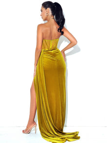Priya Draping Corset High Slit Velvet Gown | Gold