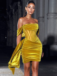 Irisa Draping Off Shoulder Corset Dress | Gold