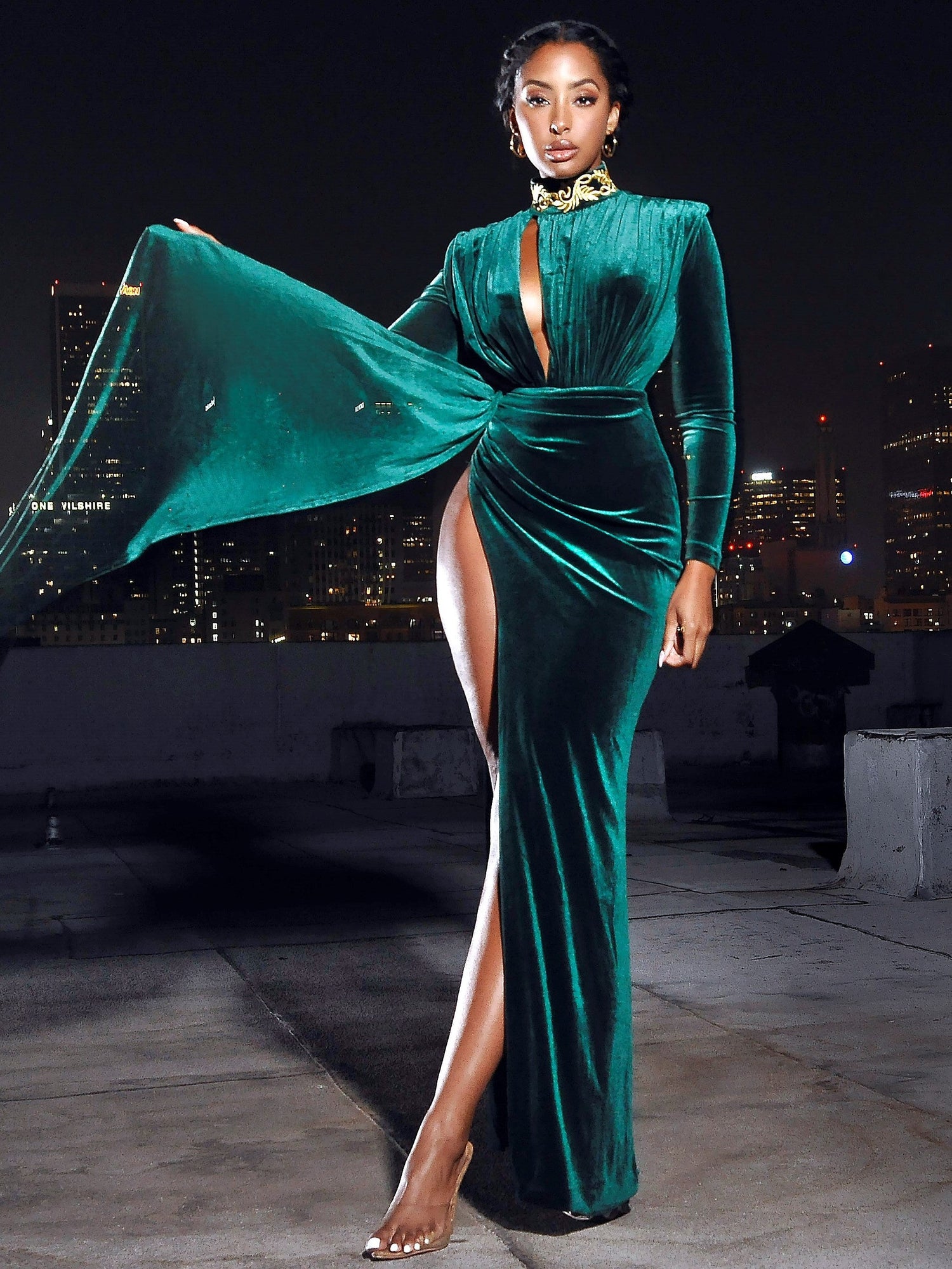 Zenaida Cutout High Slit Velvet Gown | Emerald Green