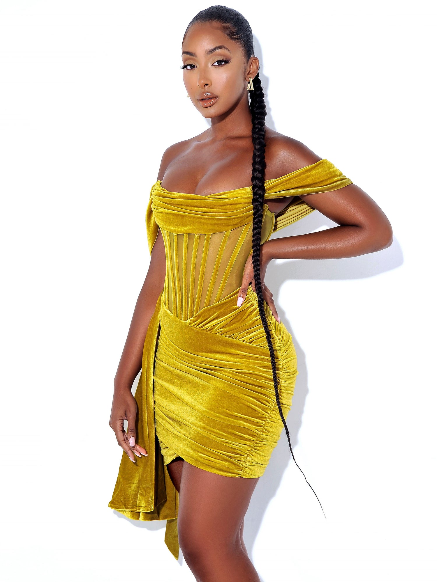 Irisa Draping Off Shoulder Corset Dress | Gold