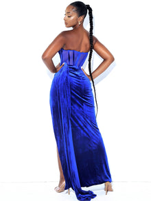 Priya Draping Corset High Slit Velvet Gown | Royal Blue