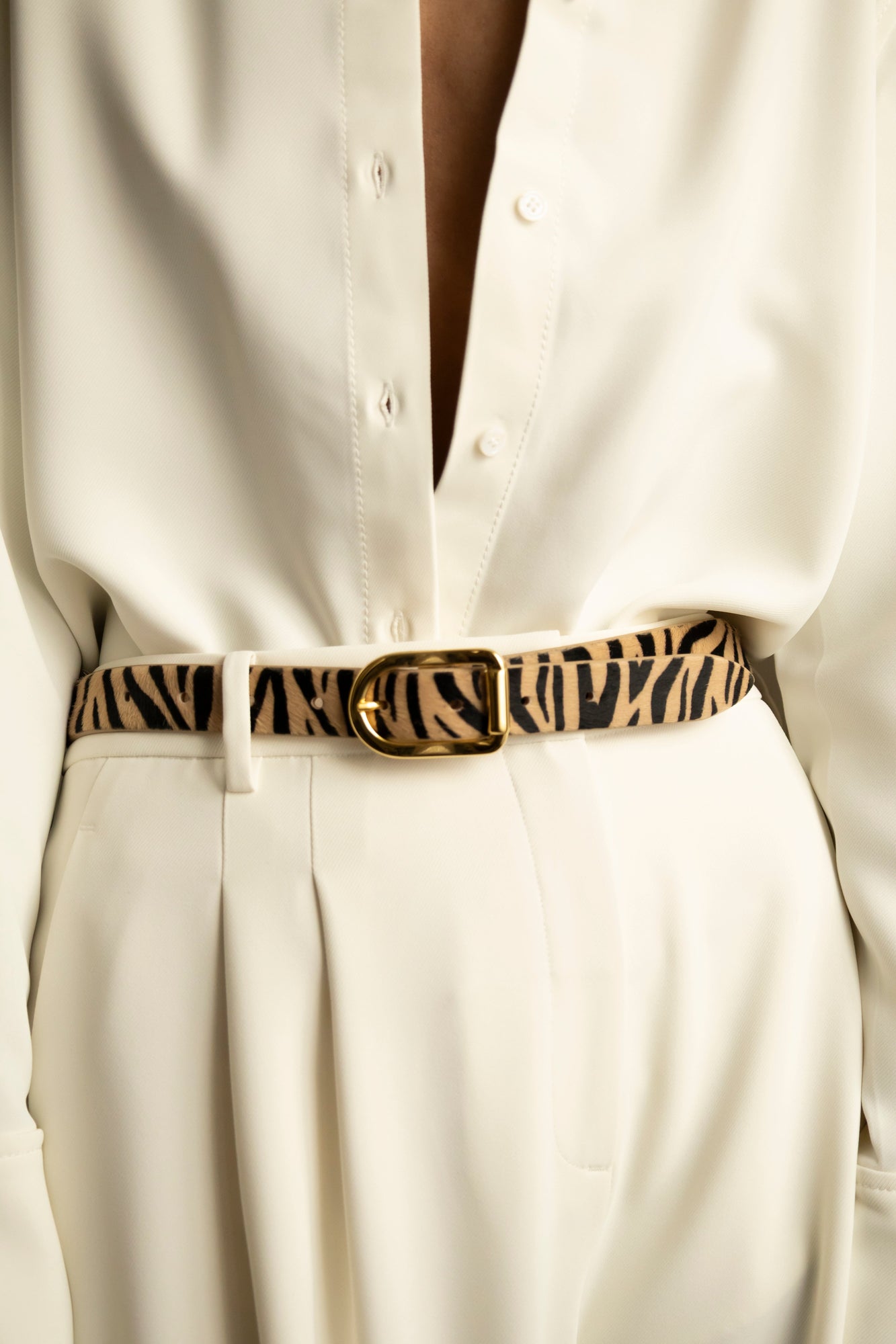Mija Calf Hair Belt | Neutral Zebra & 24K Gold