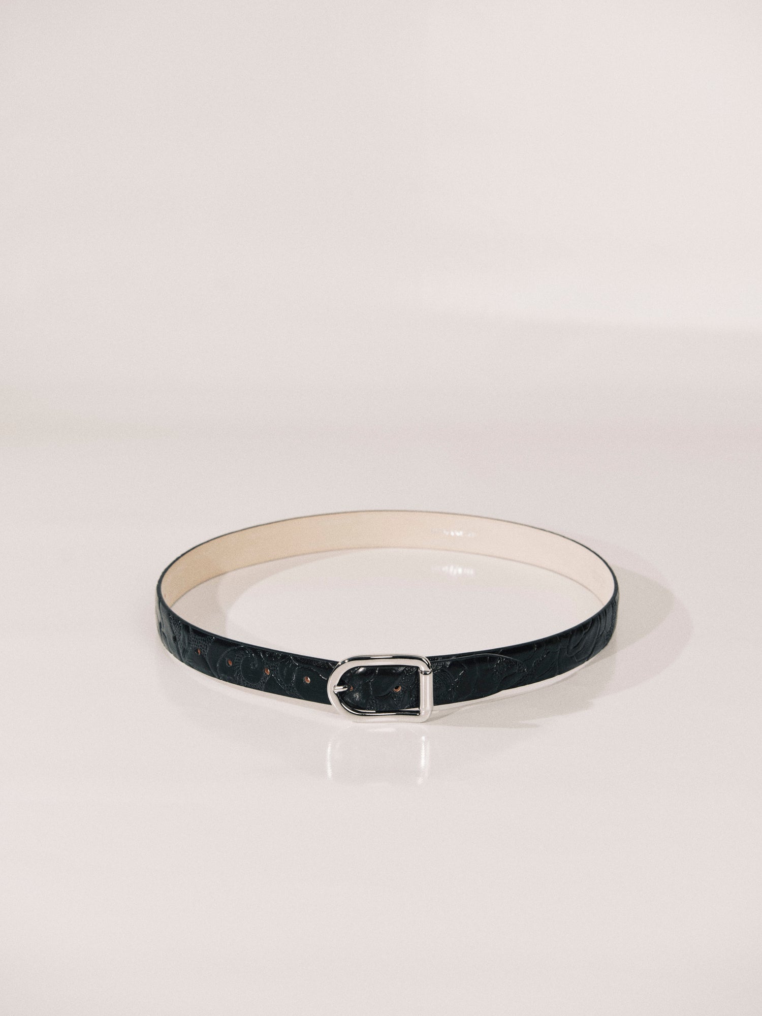 Mija Leather Belt | Floral Embossed Black & Silver
