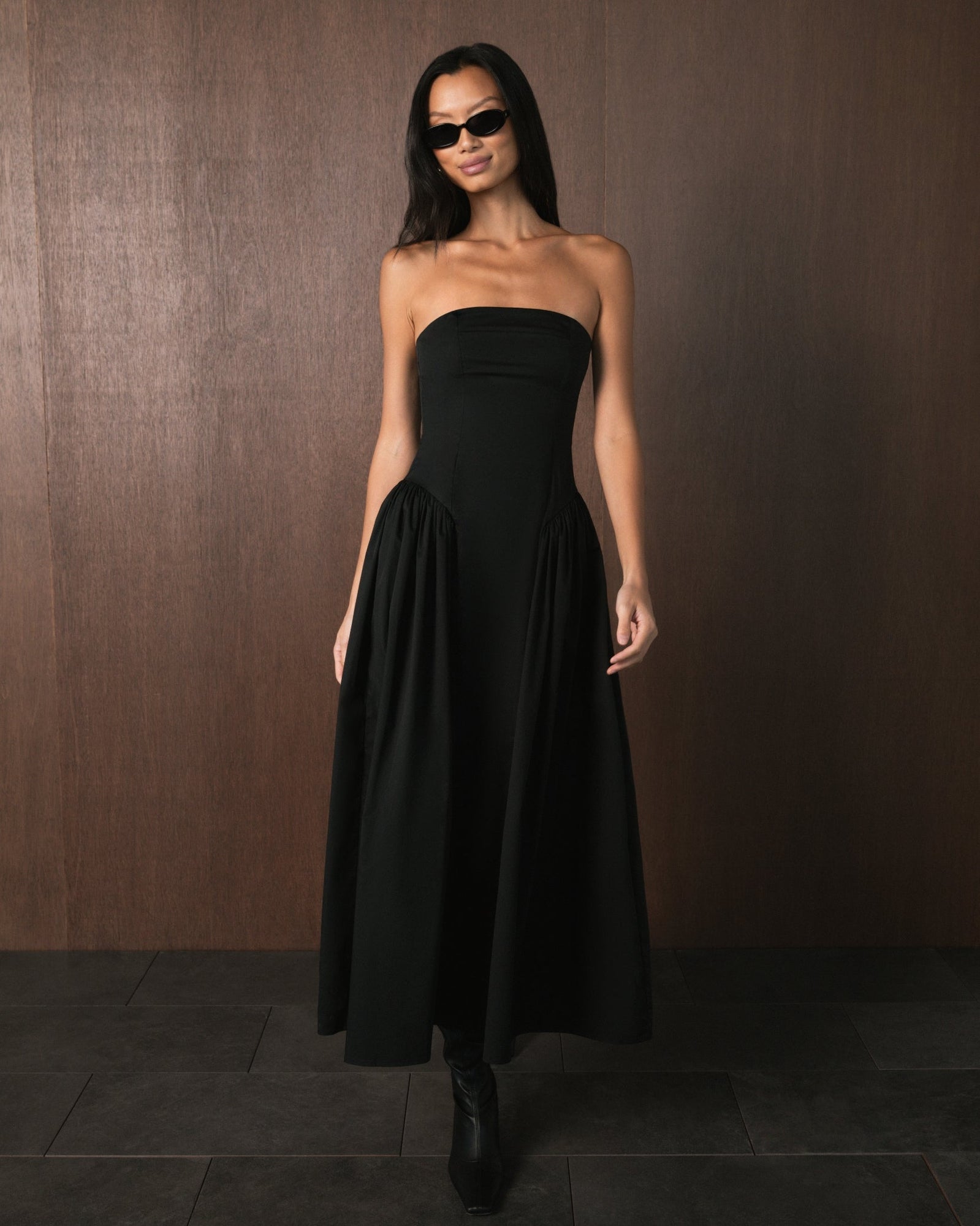 Strapless Corset Ruched Dress | Black