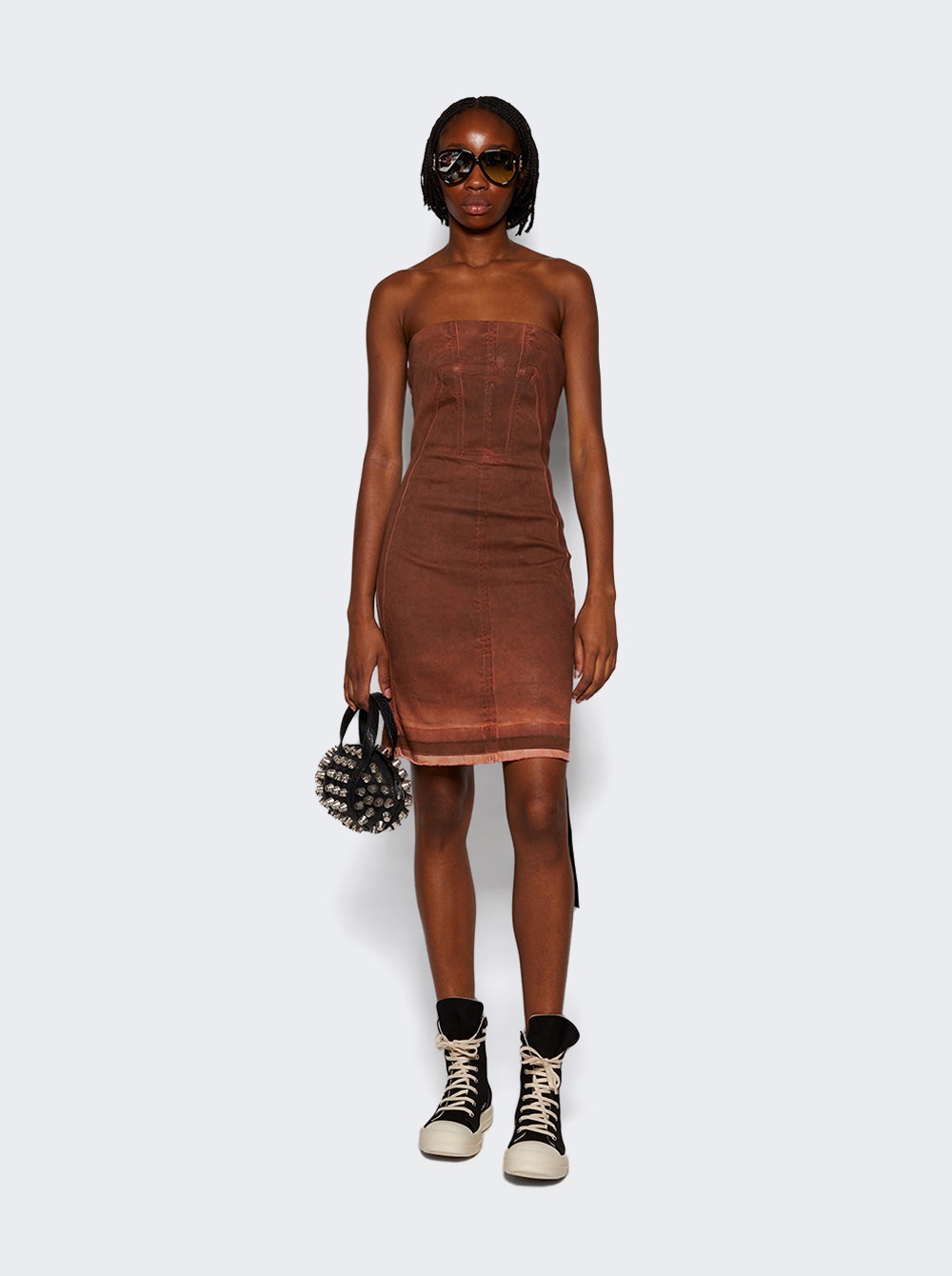 Rick Owens DRKSHDW | Splintered Stretch Denim Bustier Dress Terra | Brown