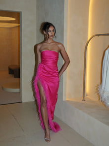 Perrin Feather Dress High Slit Gown | Fuchsia Pink