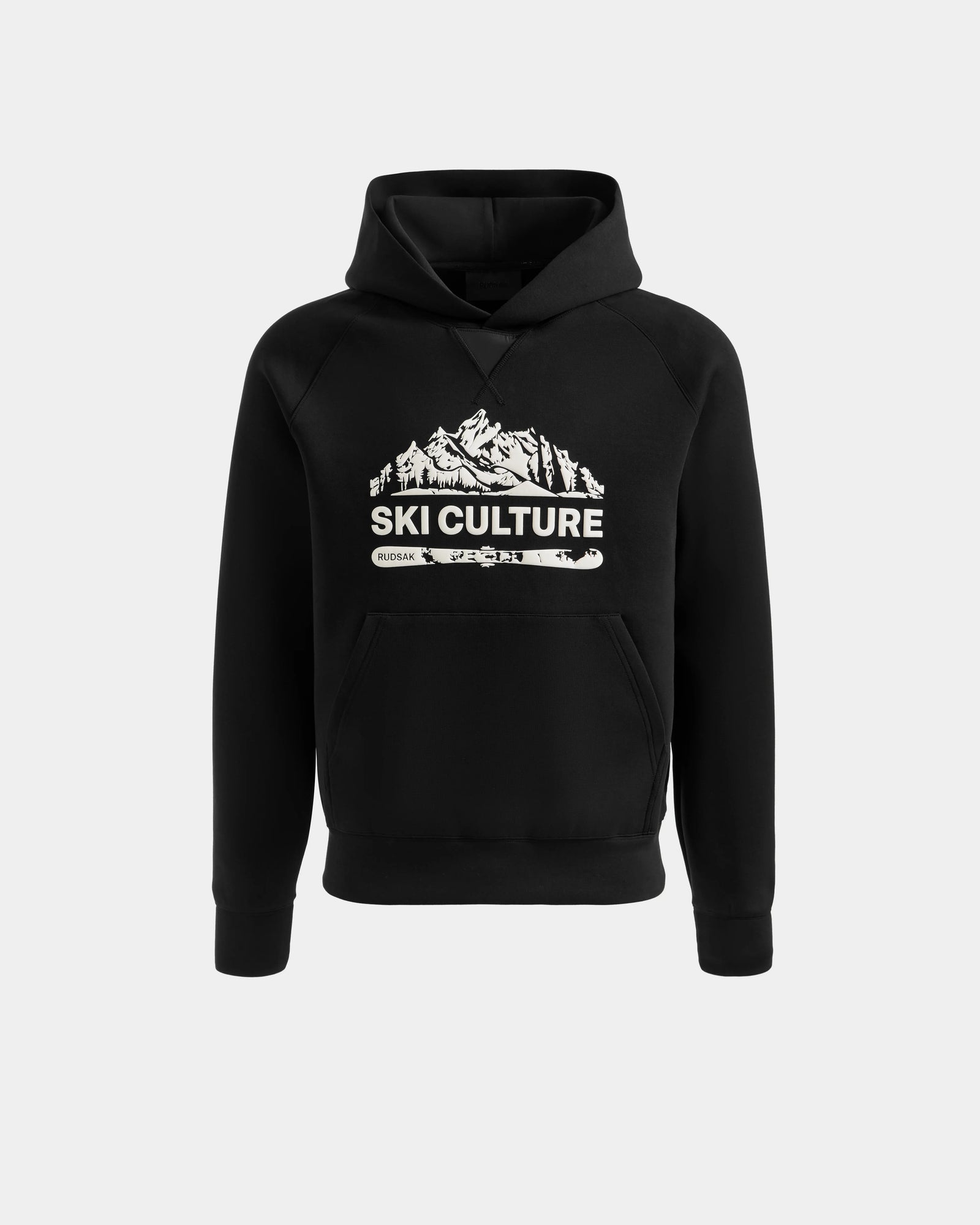 The Rudsak DARWIN - M525502 Black men’s hoodie is crafted from soft cotton-blend fleece, with a front pocket and chest graphic of snow-covered mountains, crossed skis, and bold "SKI CULTURE" lettering.