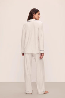 Model is wearing Gisele Printed TENCEL Modal Long PJ Set in Heritage Stripe Light Heather Grey/Peppercorn