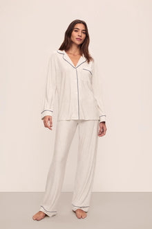 Model is wearing Gisele Printed TENCEL Modal Long PJ Set in Heritage Stripe Light Heather Grey/Peppercorn