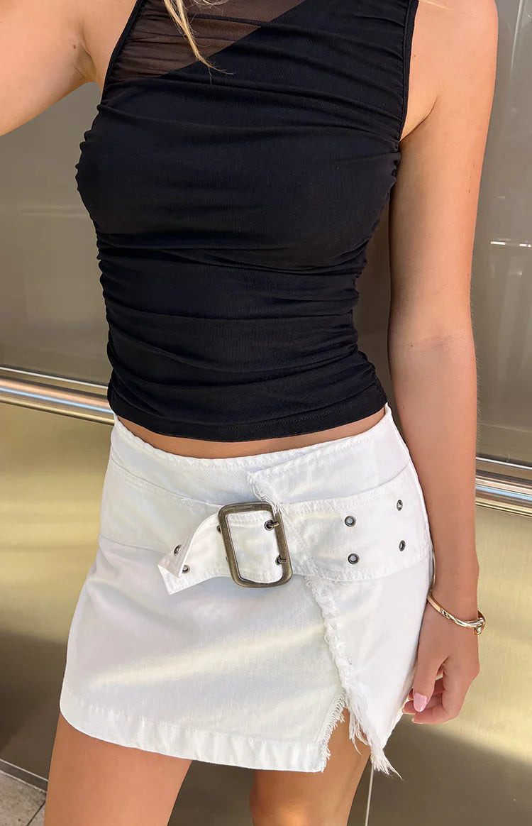 Elouise Buckle Denim Mini Skirt | White