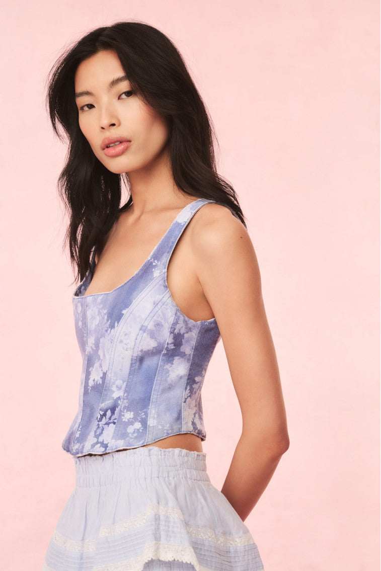 Emika Floral Denim Bustier Top | Bluebell Cloud