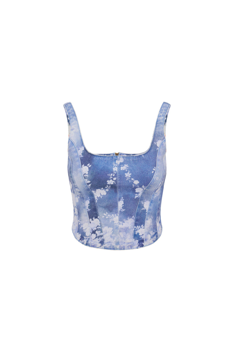 Emika Floral Denim Bustier Top | Bluebell Cloud