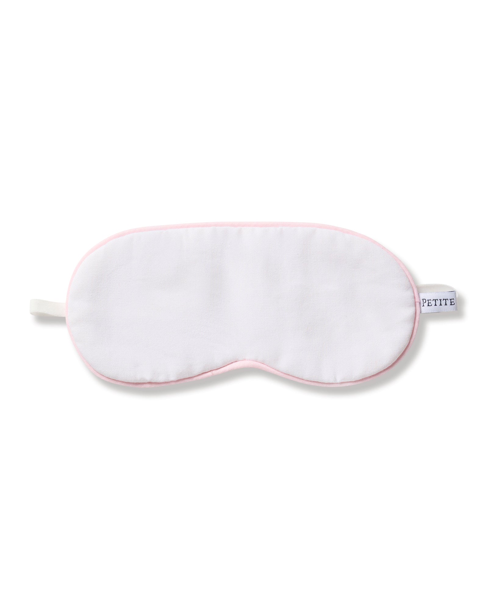 Experience elegance with the Kids Twill Sleep Mask in White with Pink Piping by Petite Plume. This luxurious mask features an elastic band and a PETITE label in gray, perfect for matching sets. Its white background and light pink trim add sophistication to any sleep routine.