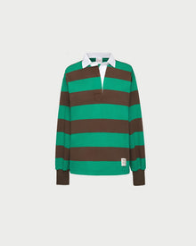 Evan Rugby Shirt in green and brown striped cotton.