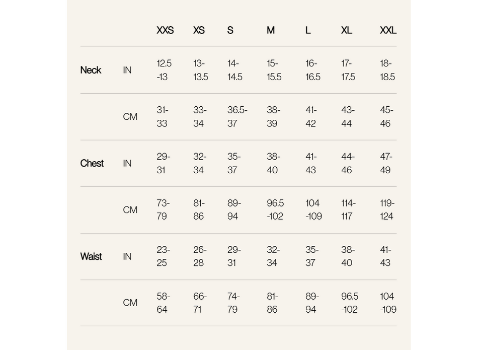 Product size guide