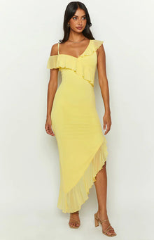 Everleene Ruffle Mesh Midi Dress | Yellow