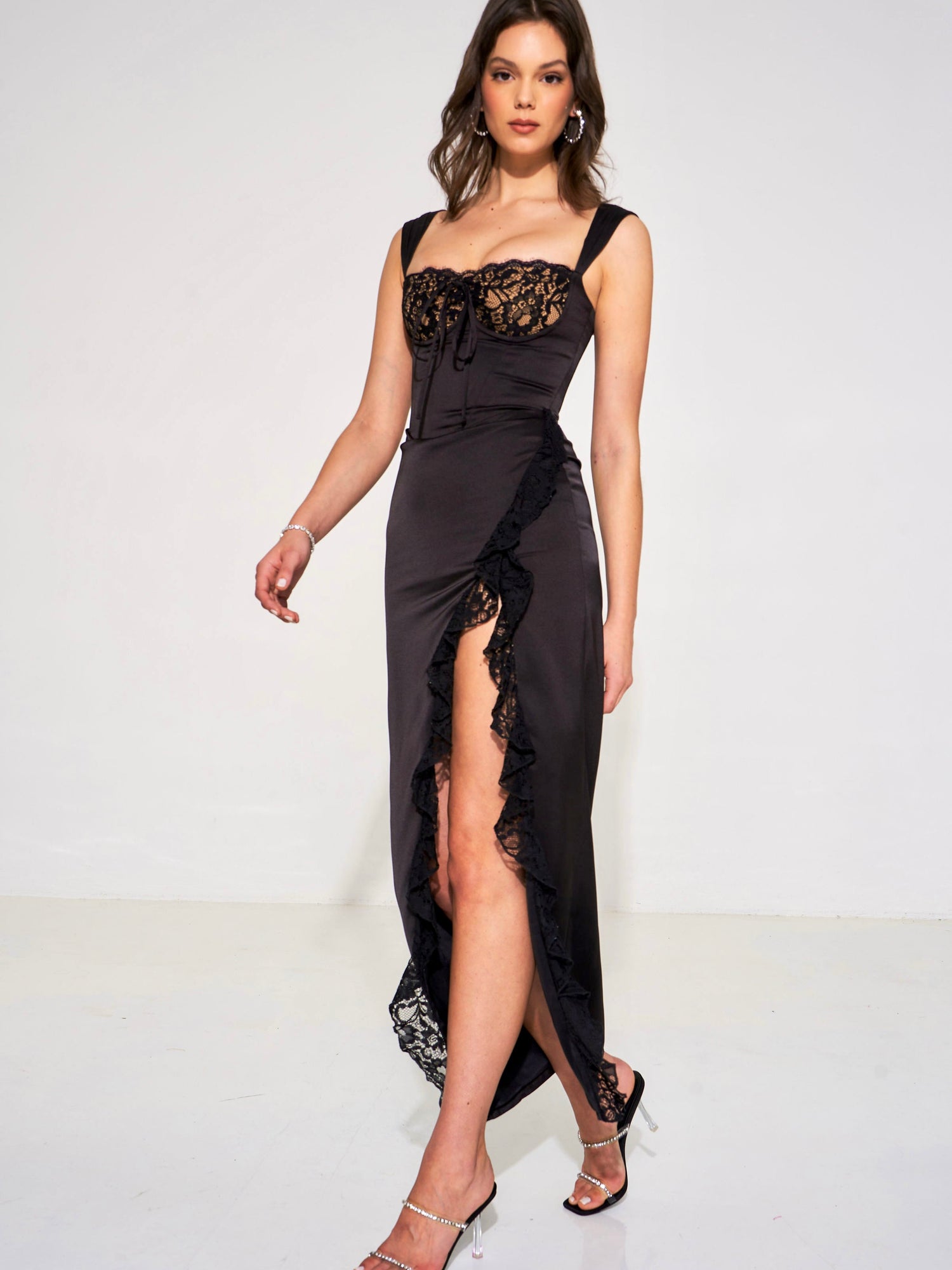 Freddie Lace Satin Maxi Corset Dress | Black
