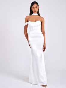 Ivona Halter Neck Double Duchess Satin Gown | White